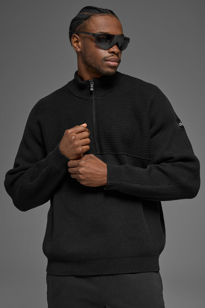 Domain Shift Rib Knit 1/4 Zip Sweater - Black | ALO