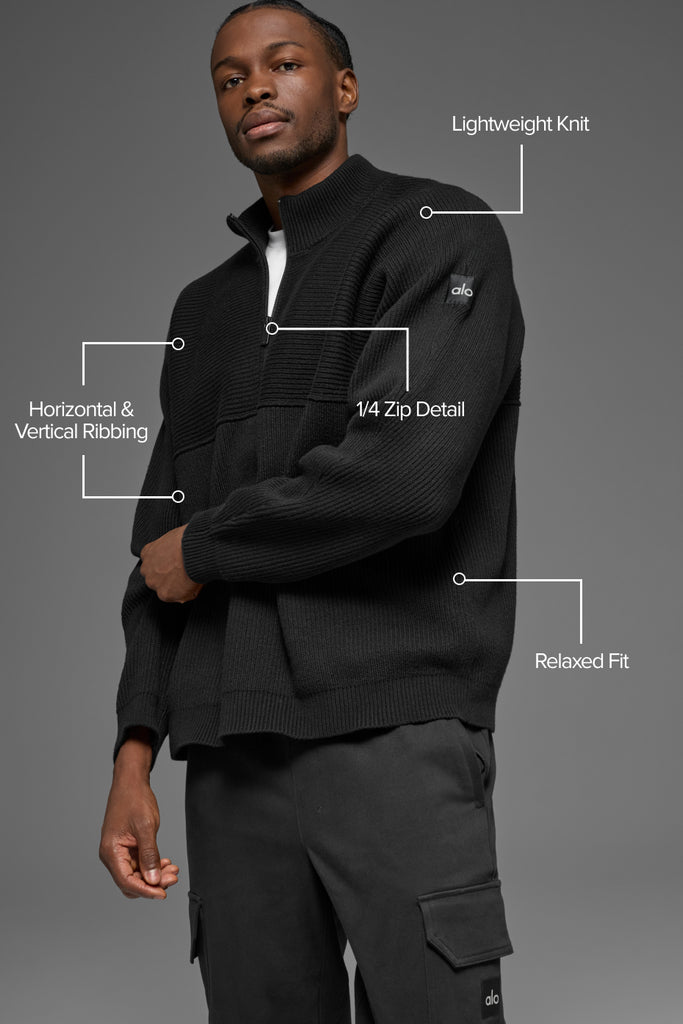 Domain Shift Rib Knit 1/4 Zip Sweater - Black | ALO