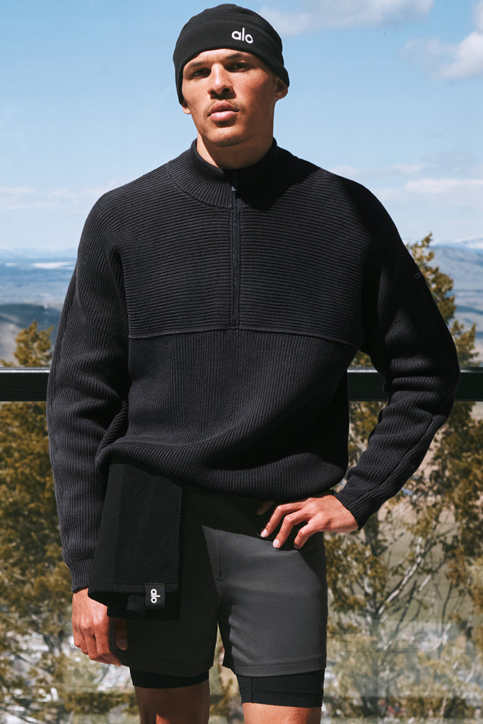 Domain Shift Rib Knit 1/4 Zip Sweater - Black | ALO