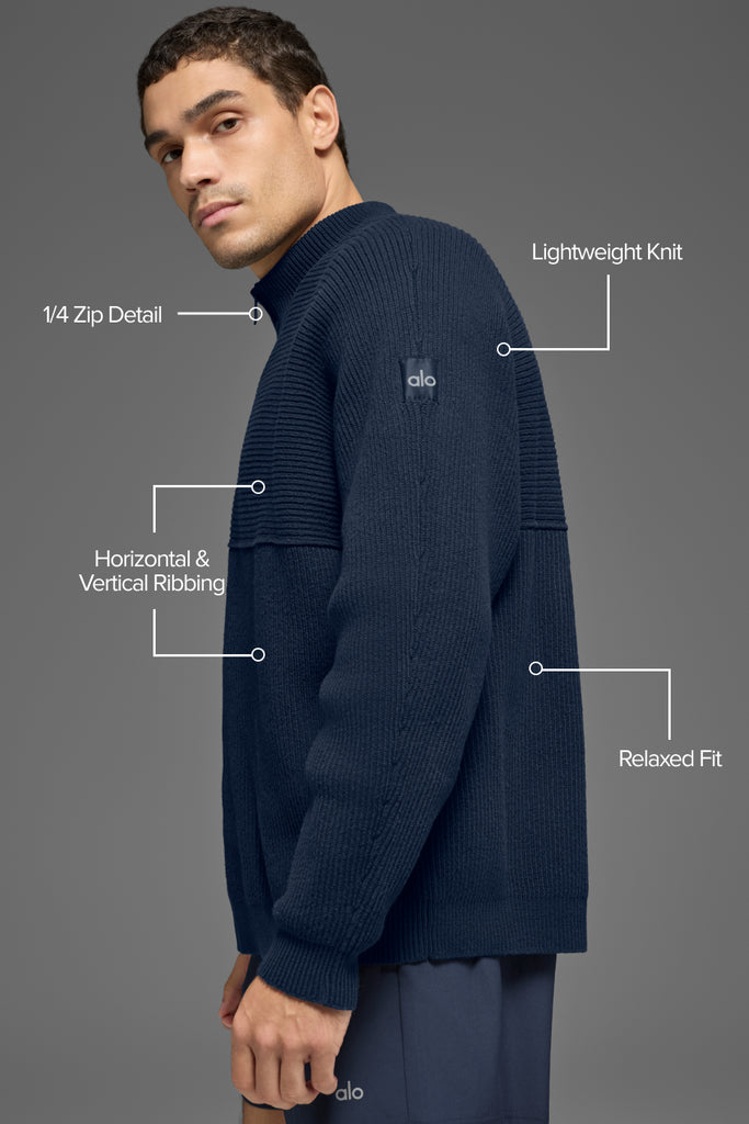 Domain Shift Rib Knit 1/4 Zip Sweater - Navy | ALO