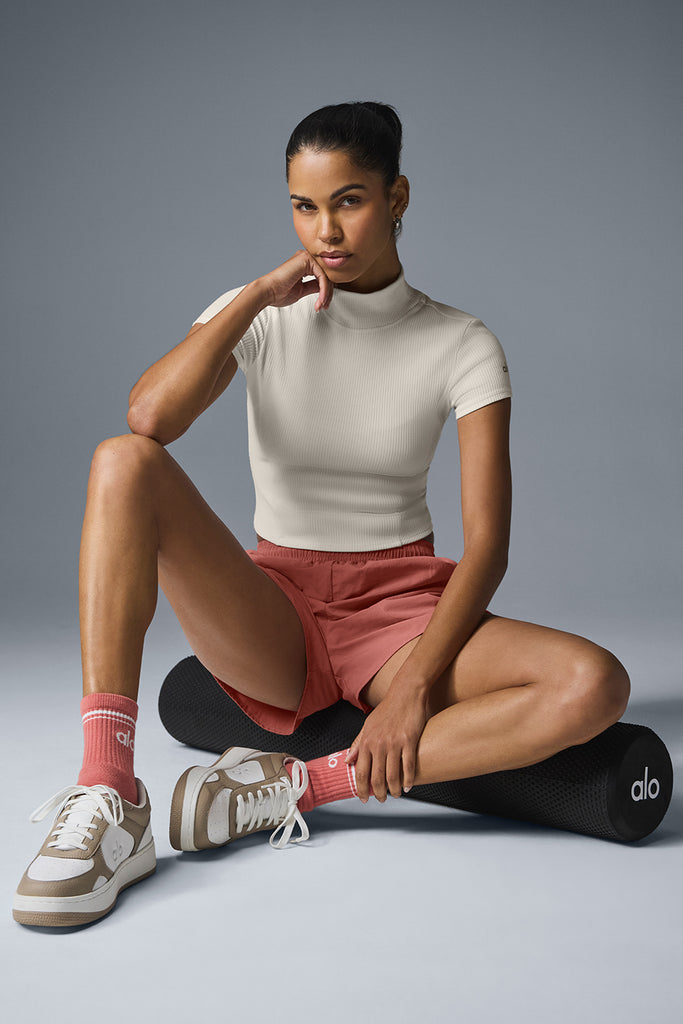 Wellness Rib Mock Neck Polished Short Sleeve - Ivory | ALO