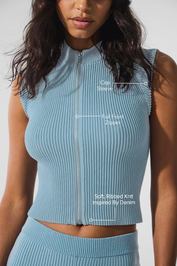 Denim Knit Sleeveless Full Zip Top - Celestial Blue/Dark Celestial