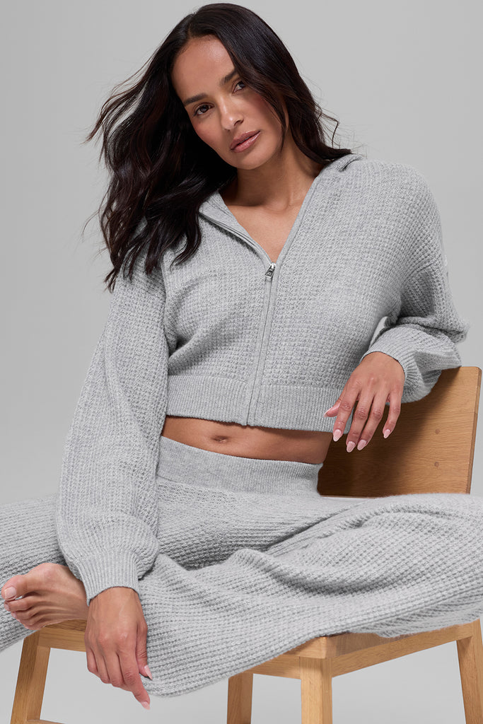 Cashmere Plush Waffle Full Zip Hoodie - Athletic Heather Grey | ALO