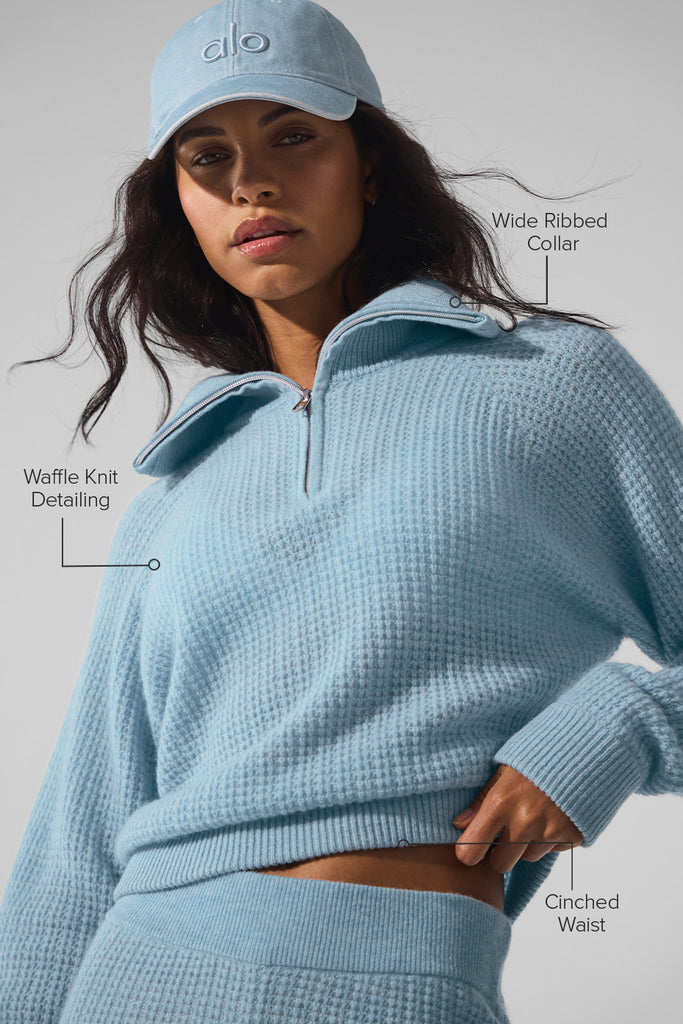 Cashmere Plush Waffle 1/4 Zip Pullover - Celestial Blue