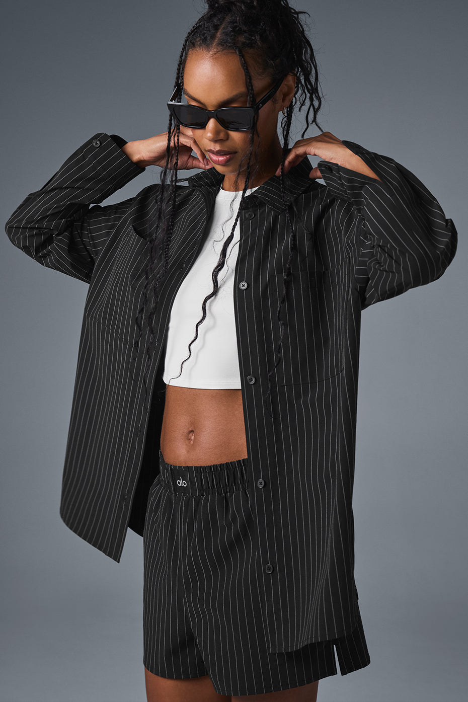 Pinstripe Daylight Button Down Long Sleeve - Black/Titanium | ALO