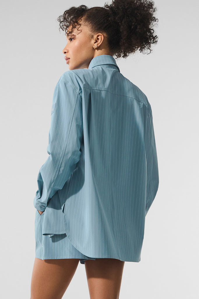 Pinstripe Daylight Button Down Long Sleeve - Dark Celestial Blue