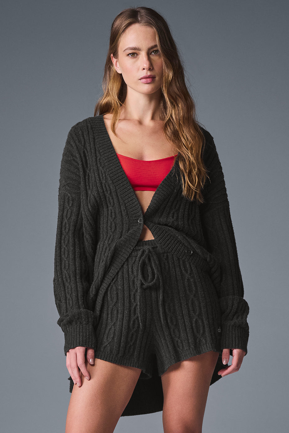 Cable Knit Winter Bliss Cardigan - Dark Heather Grey | ALO
