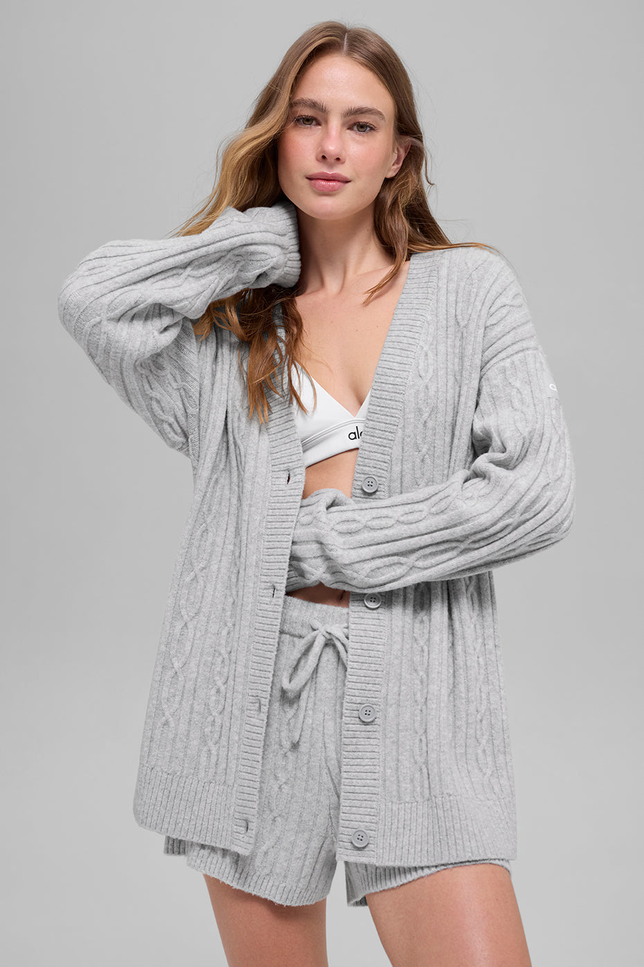 Cable Knit Winter Bliss Cardigan - Athletic Heather Grey | ALO