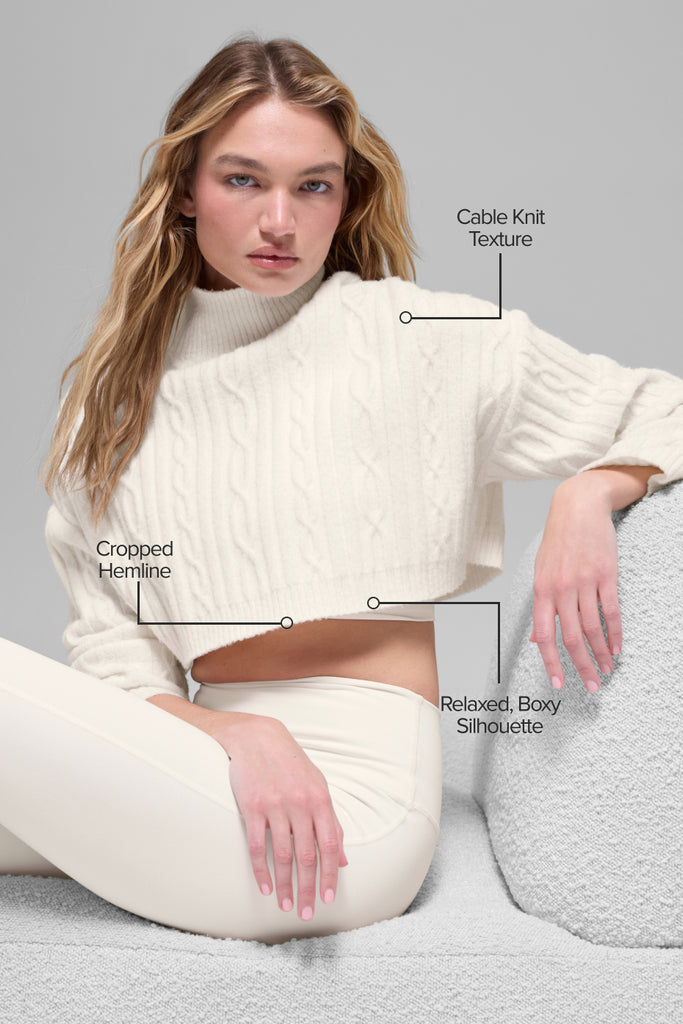 Cable Knit Cropped Winter Bliss Turtleneck Long Sleeve - Ivory | ALO