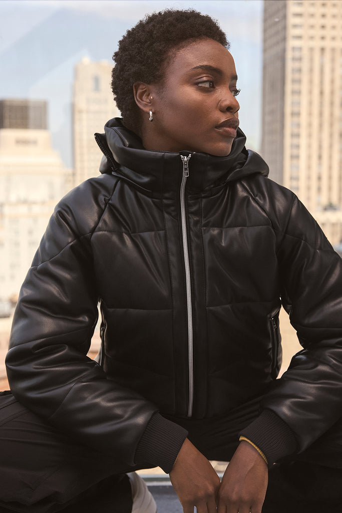 FAUX LEATHER PUFFER JACKET - Black