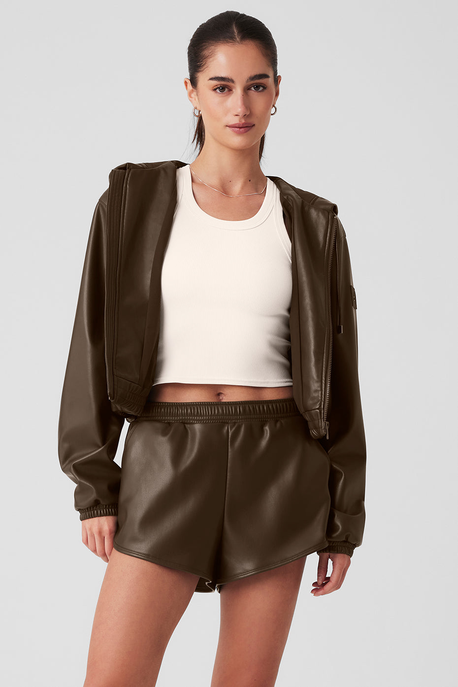 Faux Leather Power Hour Full Zip Cropped Jacket - Espresso | ALO