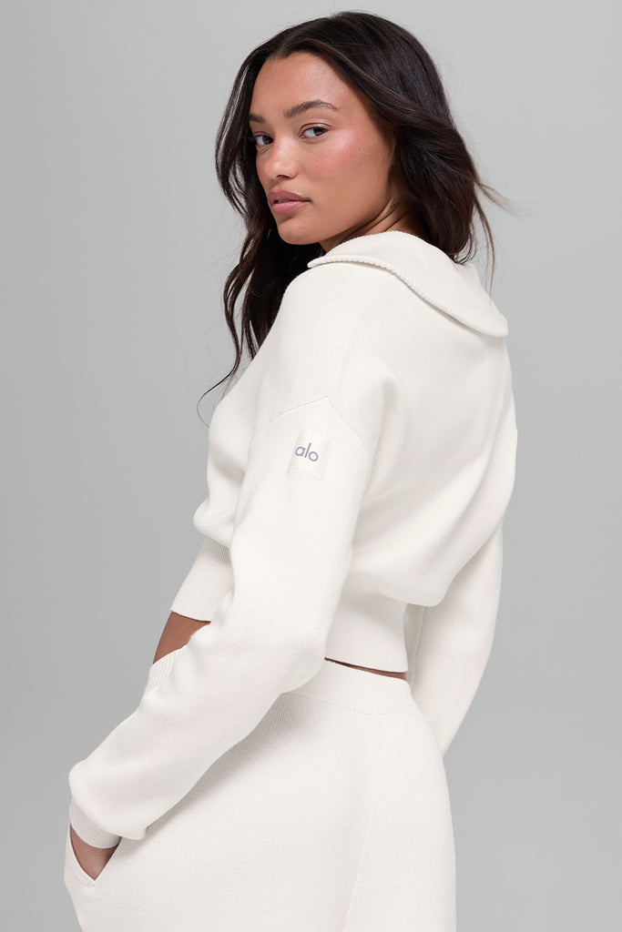 Scholar Knit Cropped Full Zip Jacket - Ivory | ALO