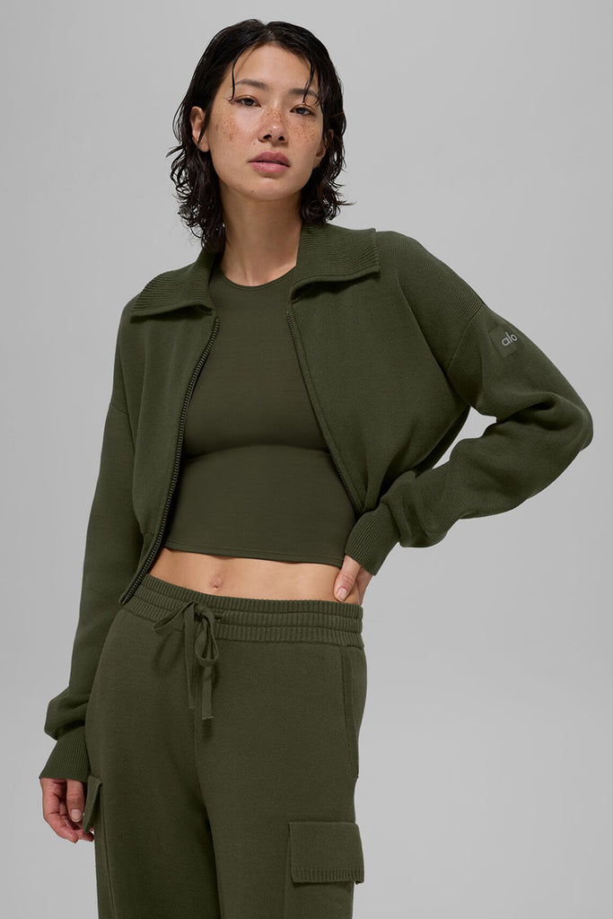 Scholar Knit Cropped Full Zip Jacket - Green Olive | ALO