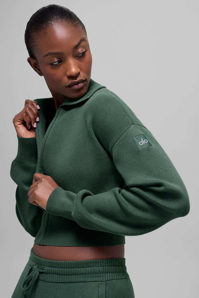 Scholar Knit Cropped Full Zip Jacket - Clover Green | ALO