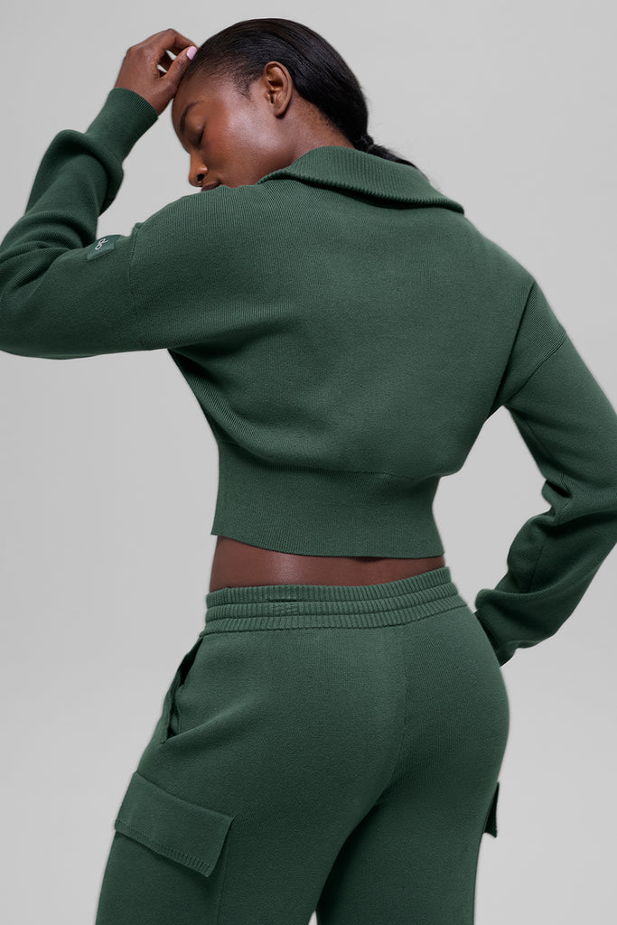 Scholar Knit Cropped Full Zip Jacket - Clover Green | ALO
