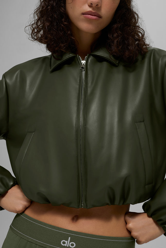 Faux Leather Cropped Premier Bomber - Green Olive | ALO Faux Leather Cropped Premier Bomber - Green Olive | ALO