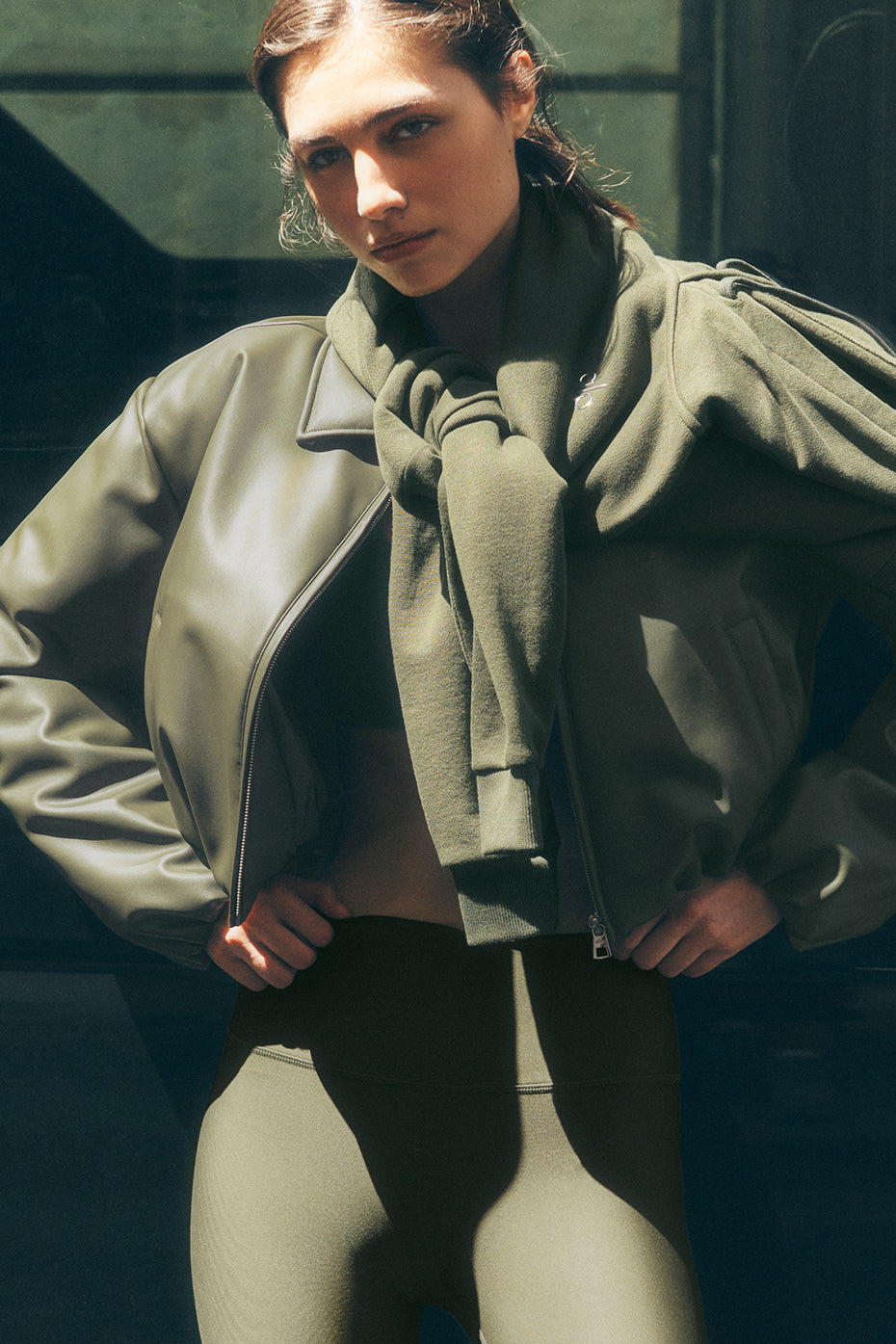 Faux Leather Cropped Premier Bomber - Green Olive | ALO