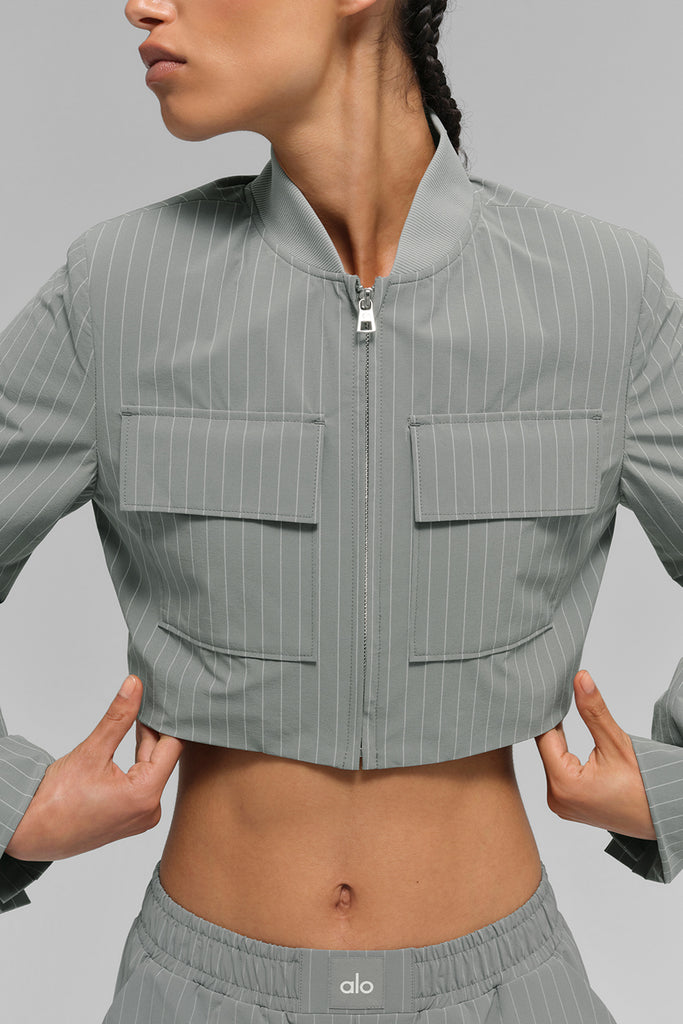 Cropped Pinstripe Main Character Full Zip Jacket - Lunar Grey