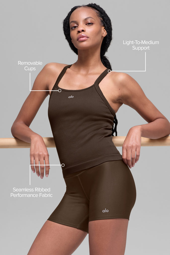 Seamless Ribbed Favorite Full Length Bra Tank - Espresso | ALO