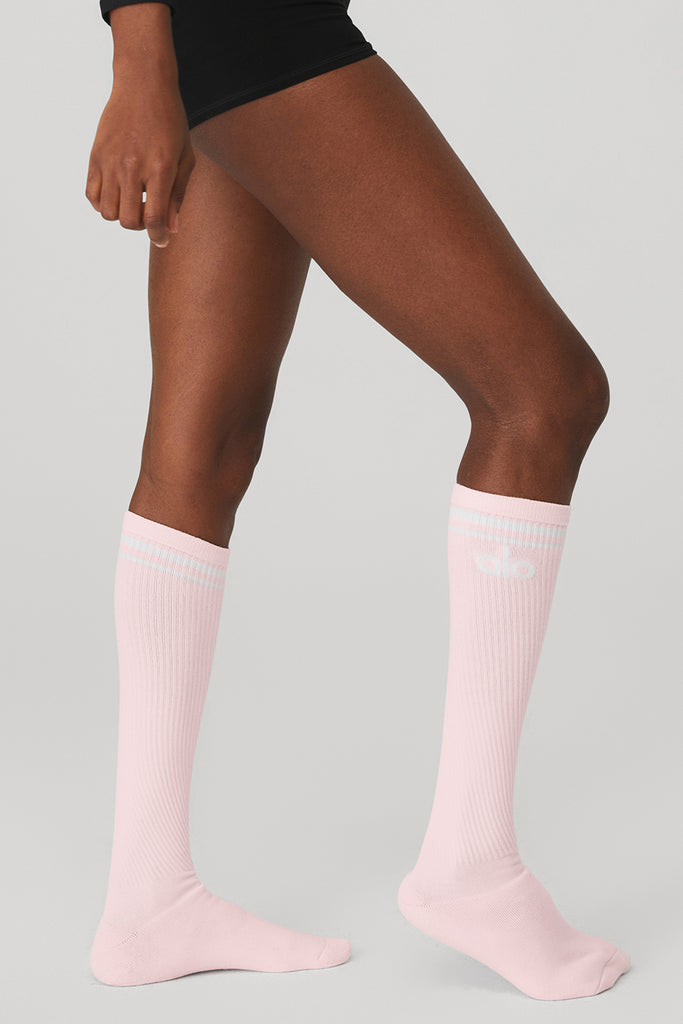 Women's KneeHigh Throwback Barre Sock Powder Pink/White Alo Yoga