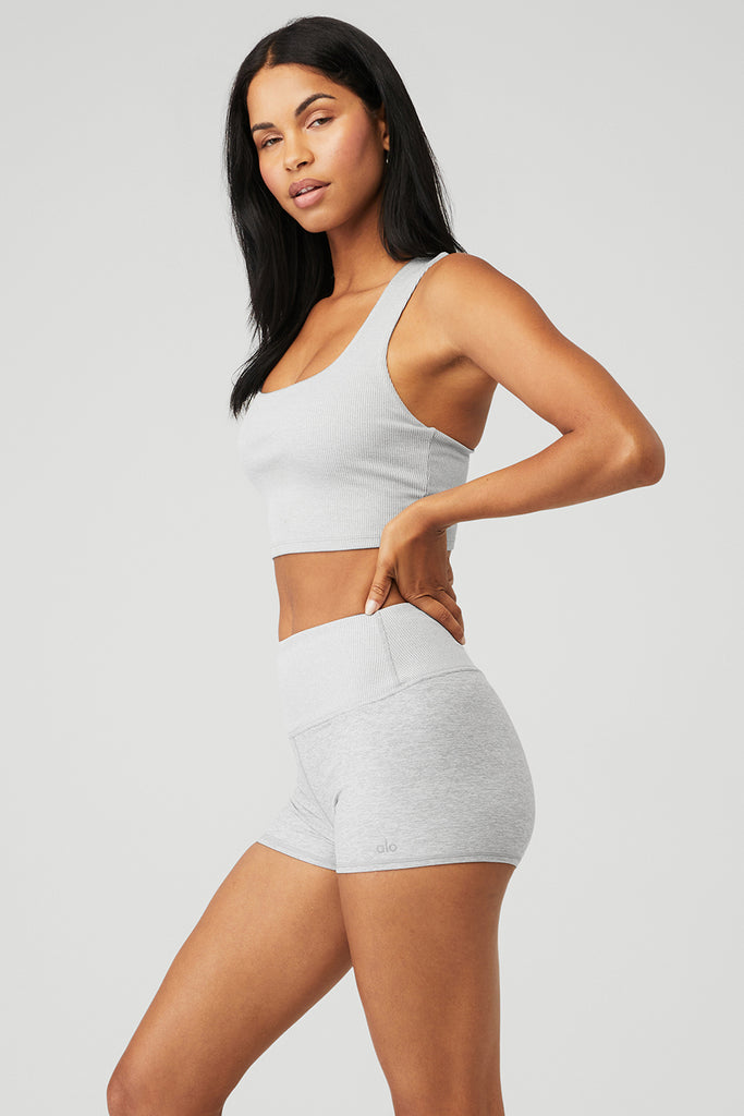 Alo Yoga Alosoft XS set (bra + shorts) in Zinc Heather (light gray