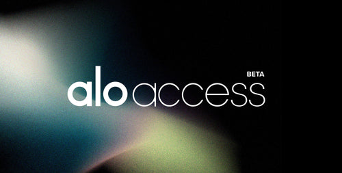 An image of the Alo Access logo upon a black background with an abstract graphic of blue, pink and yellow displayed across the lower left corner. 