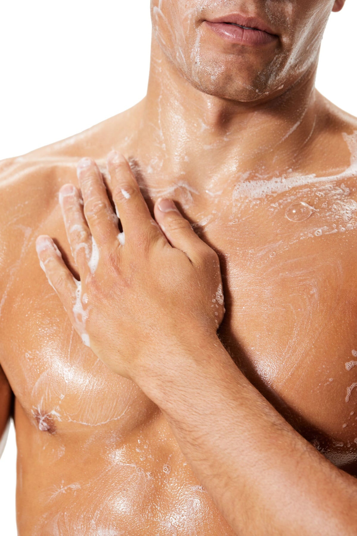 A man washing his body using the Alo Glow System.