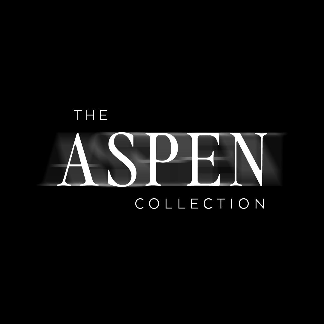 A black square background with the Aspen Collection logo in white in the center with the word “aspen” with a horizontal blur. 