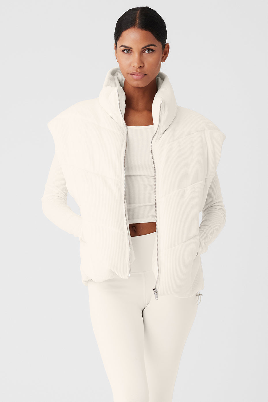 Ribbed Velour Mountain Side Puffer Vest - Ivory