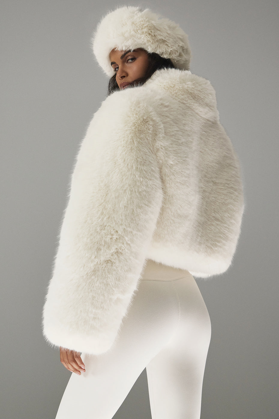 Alo Opulent Faux Fur Cropped Jacket - Ivory - Jackets - Free