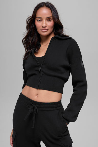 Scholar Knit Cropped Full Zip Jacket - Black | ALO