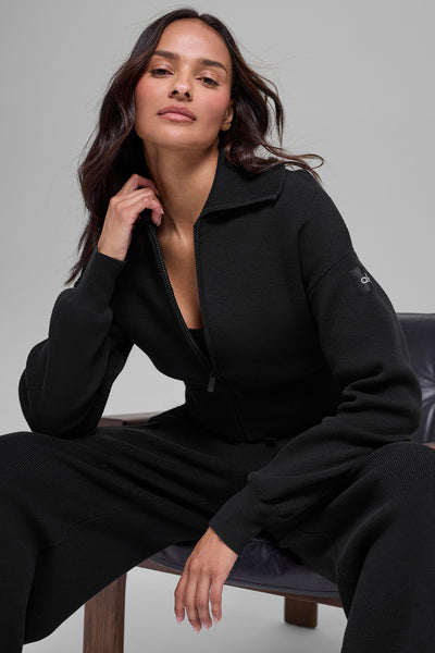 Scholar Knit Cropped Full Zip Jacket - Black | ALO Scholar Knit Cropped Full Zip Jacket - Black | ALO